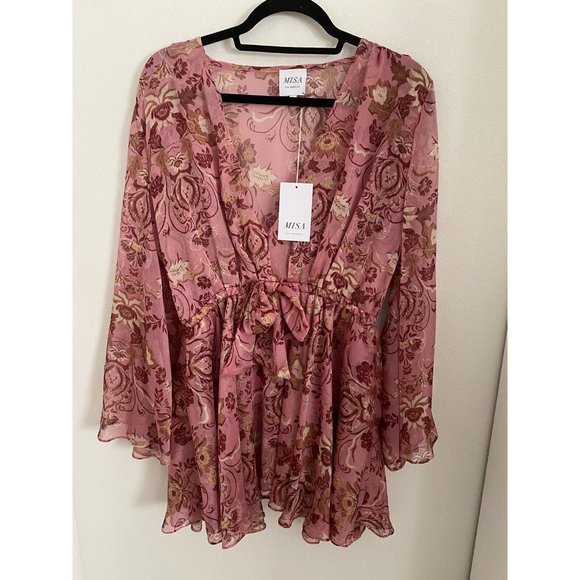 MISA Los Angeles Floral  Cristobol Mirror Pink Ruffle Mini Boho NWT $395 SM - Picture 7 of 8